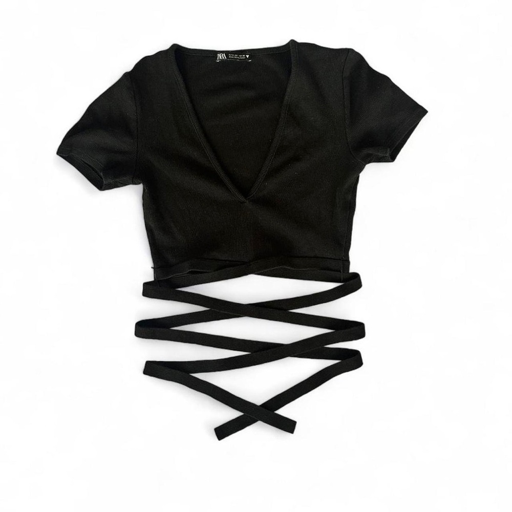 Zara Waist Wrap Tie Black T-Shirt Medium